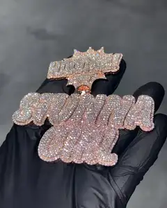 Men's Customized 925 Silver Rhodium Plated Iced VVS Moissanite Claw Setting Name Pendant Hip Hop Style Bustdown for Birthday