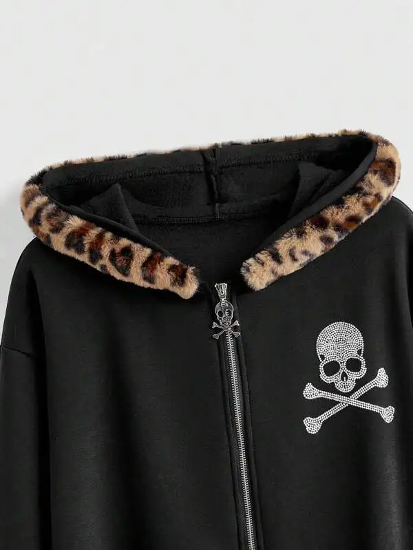 Rhinestone Skull Hoodies with Leopard Fur Trim - Gothic