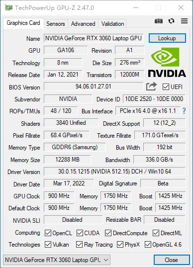 nVIDIA GeForce RTX 3060M 12GB Graphics Card for Gaming