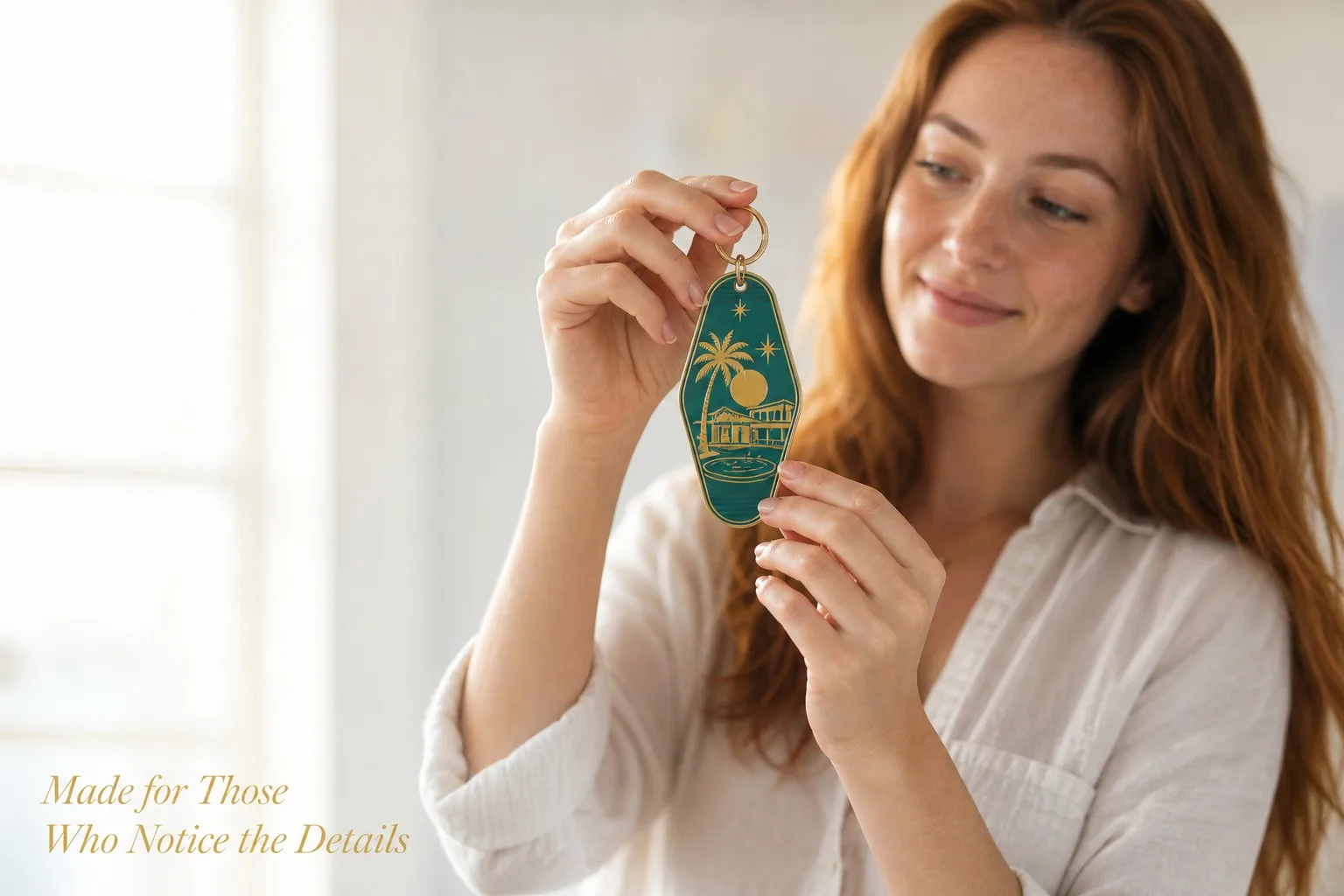 Lifestyle — woman holding custom DTF retro motel key tag