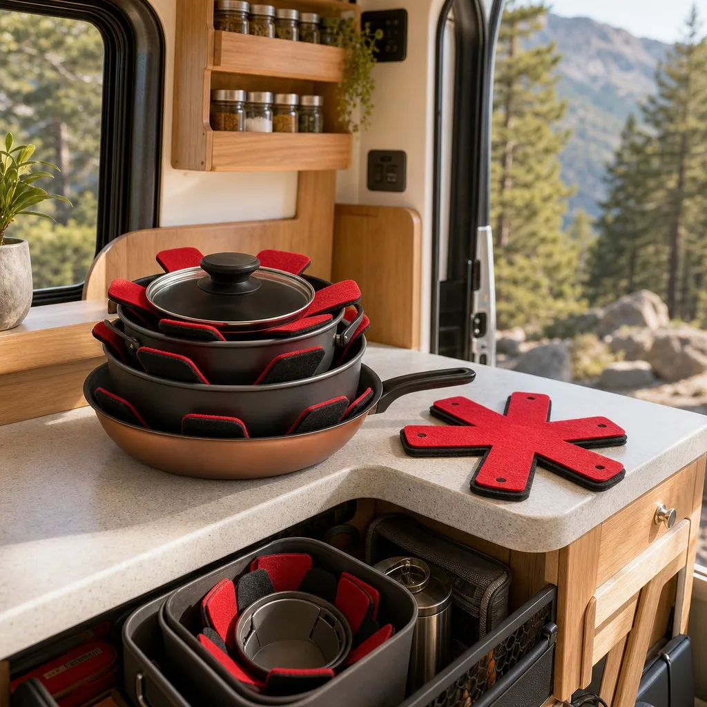 Red and black six-lobed felt pan protectors separating stacked cookware in a camper kitchen