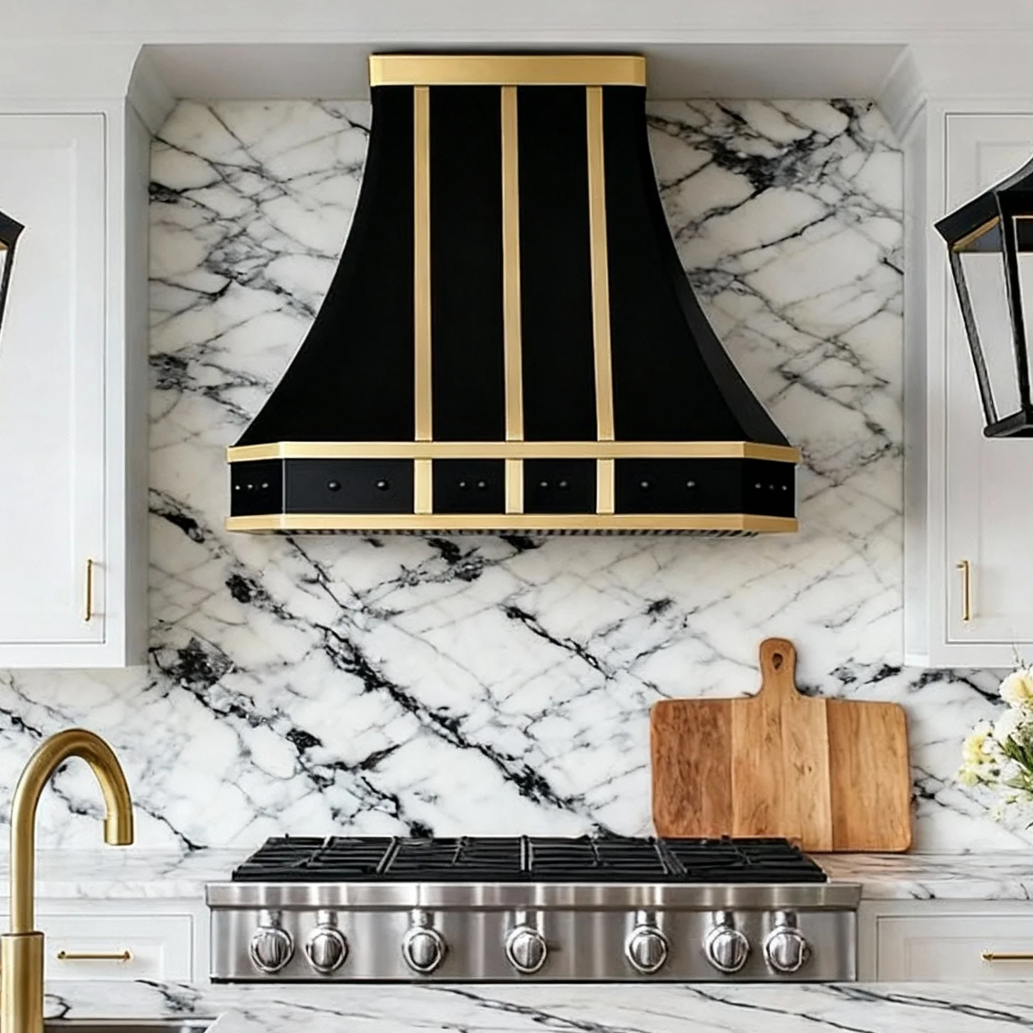 Luxury Black Stainless Steel Brass Range Hood Custom Wall Mount Architectural Kitchen Hood