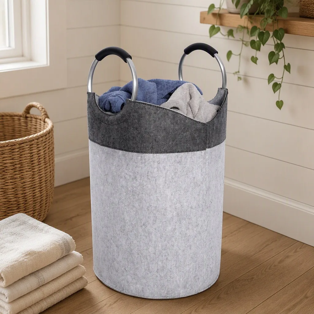 Lifestyle laundry scene - eco-friendly felt hamper filled with clothes