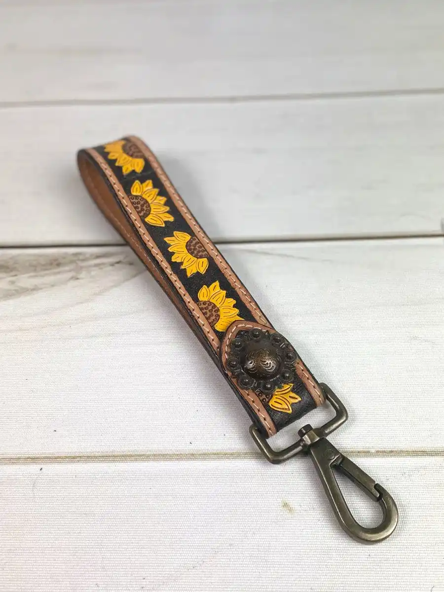 Wholesale Western Tooled Leather Keychain With Cowgirl Wild West