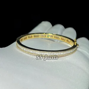 Custom VVS Moissanite Bangle Bracelet 925 Silver & Rhodium Plated Unisex Baguette Cut Trendy SS Jewels