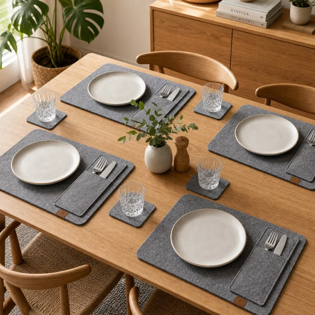Family dining placemat set: family dining table with multiple 12-piece felt placemat sets
