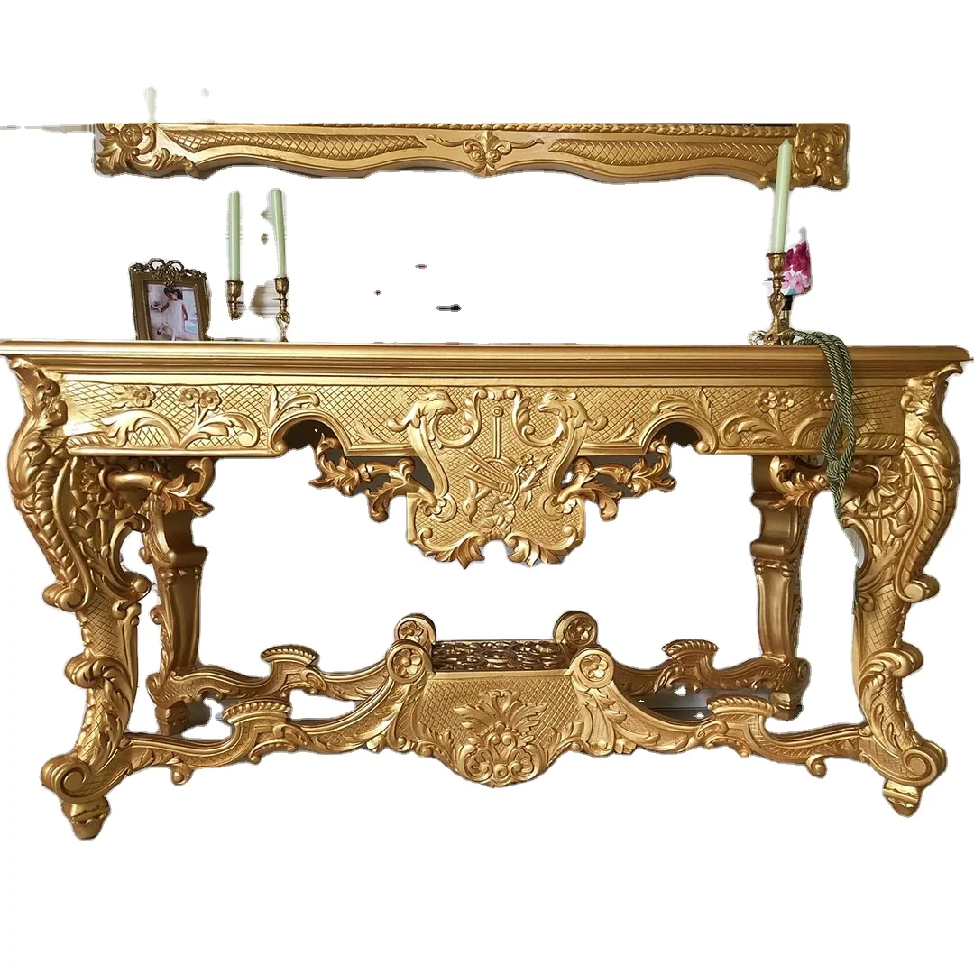 Wooden Antique Gold Luxury Console Table With Antique Gold Finish In ...