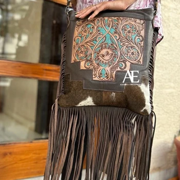 Genuine Leather Fringe Crossbody Bag - Western Tooled Purse With Turquoise Design