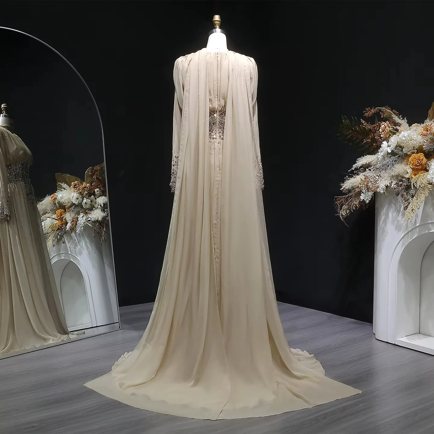 Jancember LSZ533 Luxury Champagne Chiffon Long Sleeves High Waist Heavy  Crystal Beaded Pleated Modest Party Dress