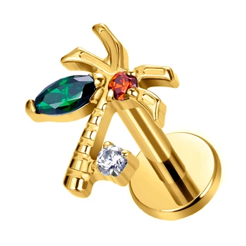 G23 Titanium 16G Palm Tree Ear Studs Color Zircon Inlay Summer Vibe Earrings Tragus Helix Lobe Fashion Piercing Jewelry