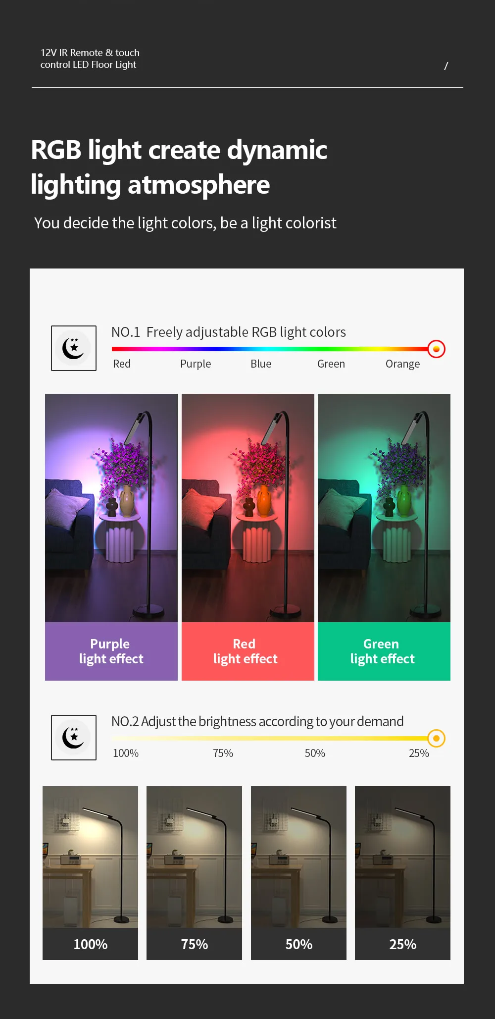 12vLED Floor Lamp，With Infrared Remote Control and Touch Control Adjustable Brightness Energy Saving Modern Design Floor Lamp