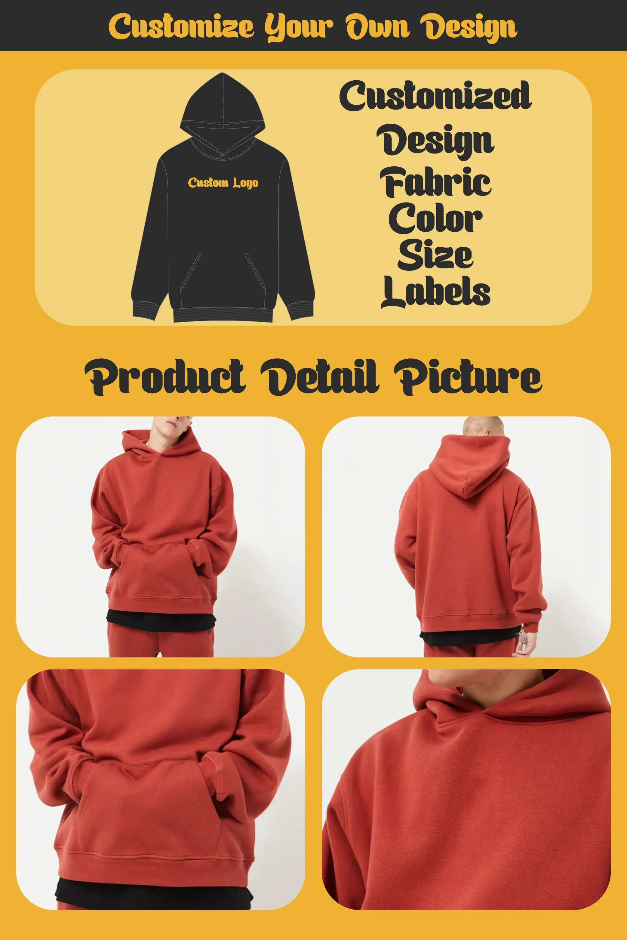 Custom 500 Gsm 100 Cotton Fabric Mens Hoodies Customize Blank Casual