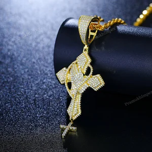 Luxurious Praying Cross Moissanite Claw Setting Yellow Gold Plating Hip Hop Pendant Unisex Party Wearable Jewelry