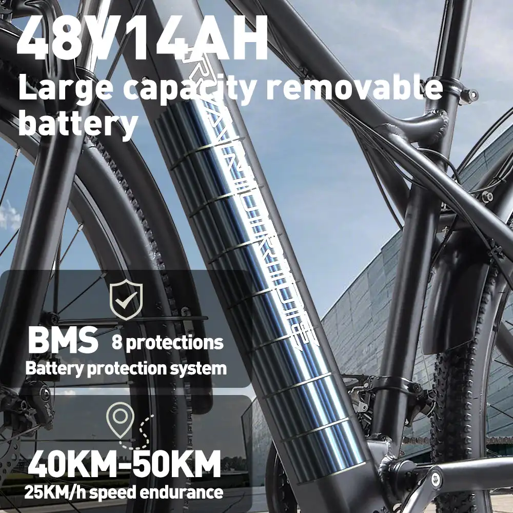 RANDRIDE YG70 Electric City Bike 27.5inch 48V 14Ah Front Suspension Rear Rack Central Motor 50km Range 15ah Battery Capacity