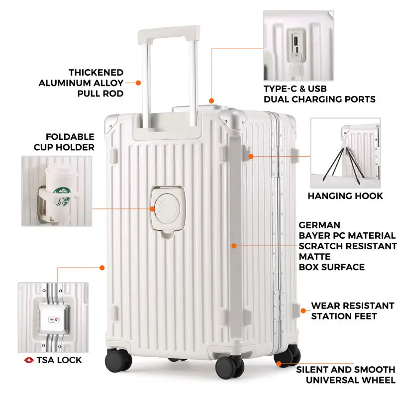 30 Inch Roomy Travel Suitcase PC Aluminum Frame Water-Resistant Luggage with Reinforced Quiet Wheels Cup Holder & USB Port