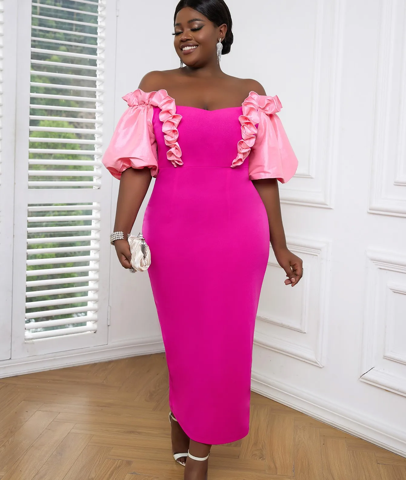 Shiny Short Puff Sleeve Ruffles Fuchsia Patchwork Lady Prom Dress 2023 Shiny Short Puff Sleeve Ruffles Fuchsia Patchwork Lady Prom Dress 2023
