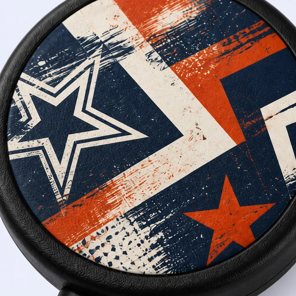 Macro detail — retro star-cross graphic face of badge reel, textured print close-up