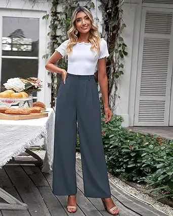High Waist Dress Pants with Pockets Wide Leg Straight Women's Golf Pants  Breathable Zip Waist Stretch Work Ankle Dress Pants