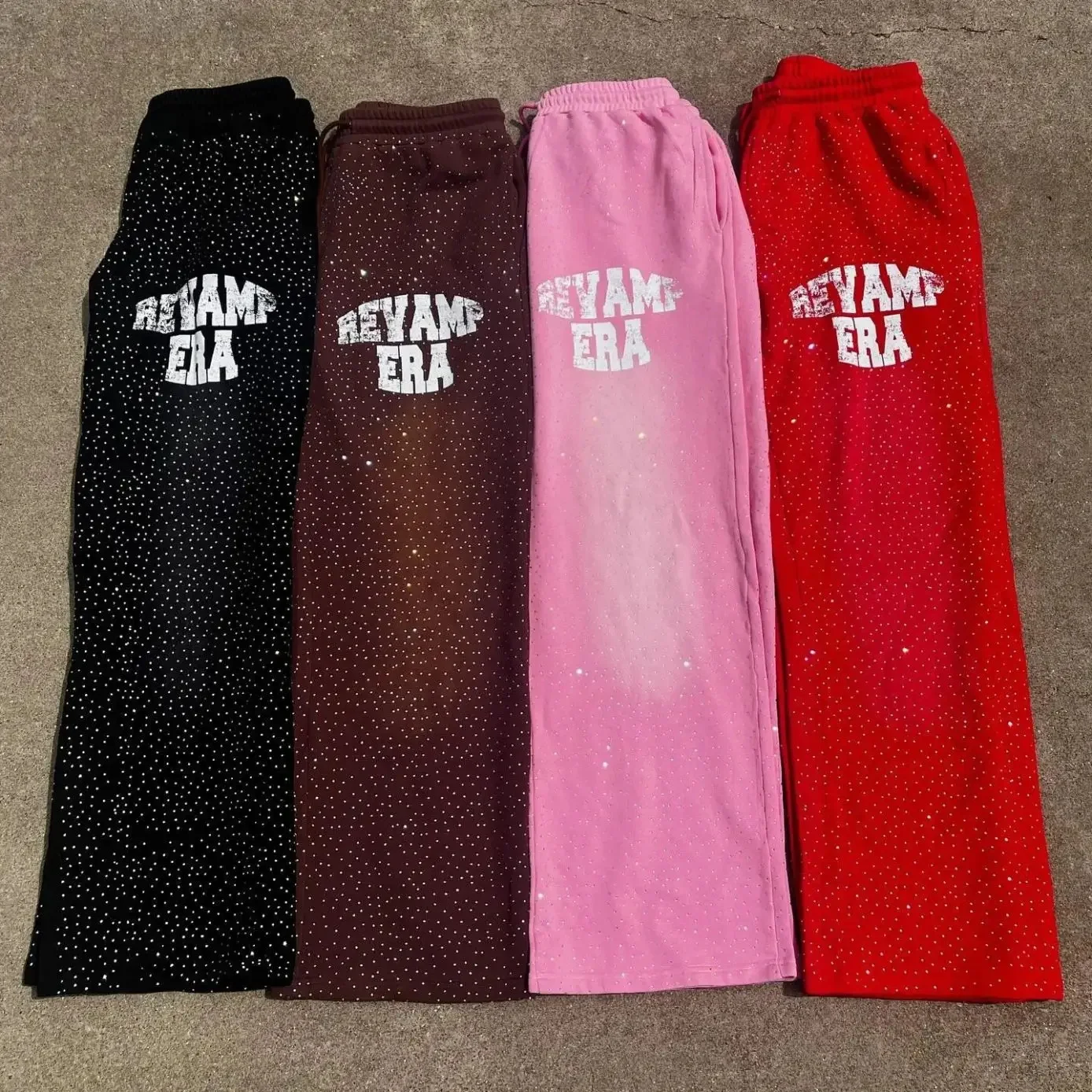 Custom Unisex Cotton Oversized Baggy Wide Leg Acid Wash Rhinestone Distressed Trackpants Track Sweatpants Flared Sweat Pants Men