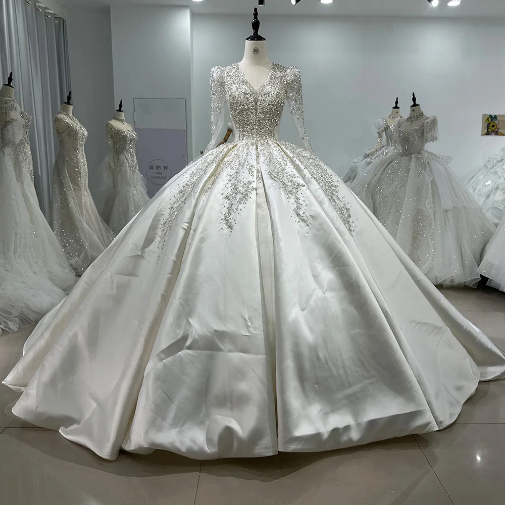 Jancember Xs068 Long Sleeve Satin Beaded Ball Gown Wedding Dress Oem Jancember Xs068 Long Sleeve Satin Beaded Ball Gown Wedding Dress Oem