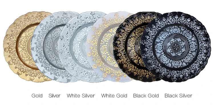 Unique Design Elegant Royal Decoration Plates Wedding Event Banquet Dinnerware Silver Gold Glass Charger Plates