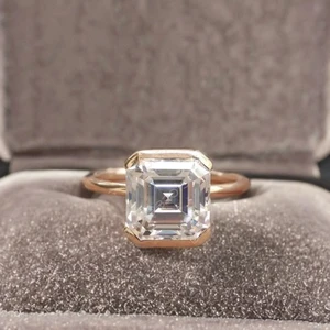 14k Gold Half Bezel Engagement Ring 4 CT Lab Grown Asscher Cut CVD Diamond IGI Certified Solitaire Personalized Wedding Jewelry