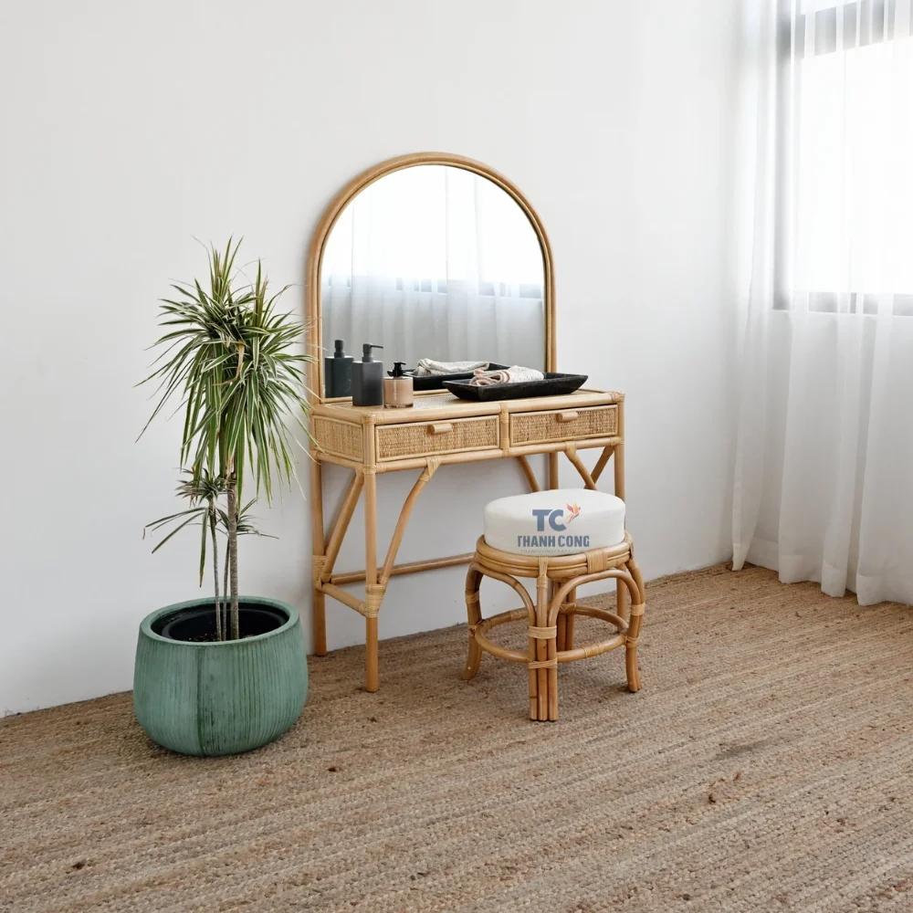 New Model Vintage Make up Vanity With Mirror for Girls Room Rattan Vanity Set Bedroom Furniture Makeup Vanities Wholesale