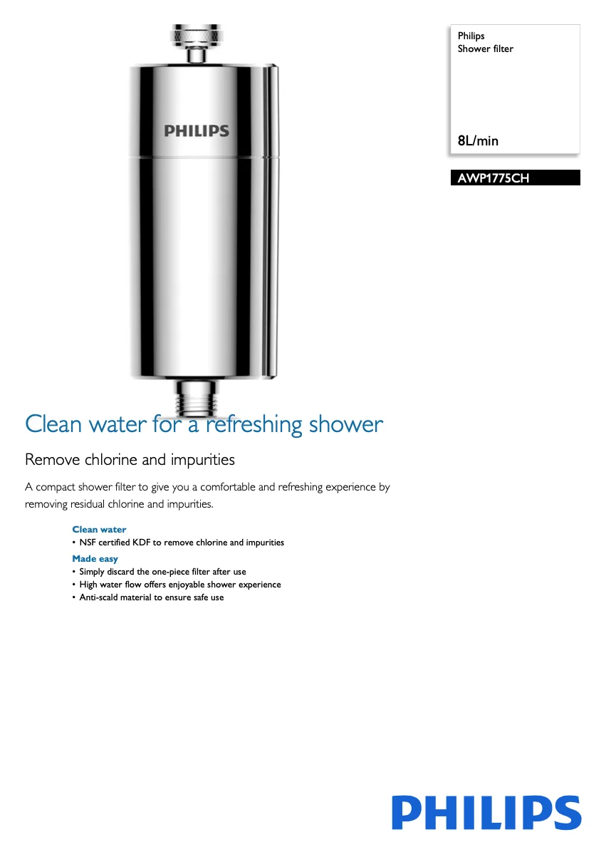 飞利浦淋浴过滤器铬8lmin Awp1775ch Nsf去除氯防烫伤材料一体式一次性过滤器 Buy 浴室配件花洒套装淋浴过滤器浴室配件套装