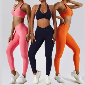 New Gym Fitness Yoga Wear Women Sports Hanging Bra and Crop Leggings Women Sport Yoga Pants 2 Piece Sets