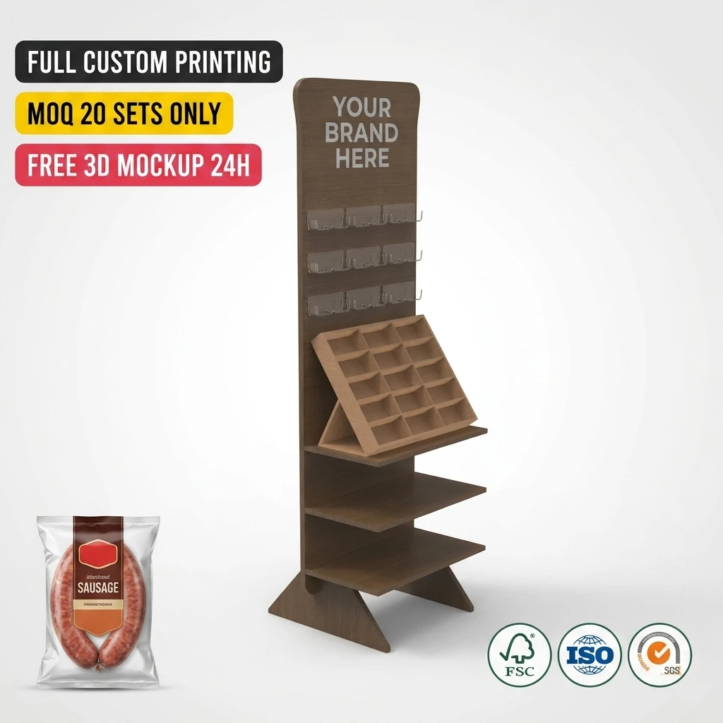 Custom Wooden Sausage Display Stand Mobile Deli Charcuterie Rack Supermarket Meat Snack Floor Merchandiser FSDU Butchery Shop Salami Jerky Meat Stick Holder Artisan Food Retail Fixture FSC Wood Floor Standing Rack with Wheels and Logo Branding