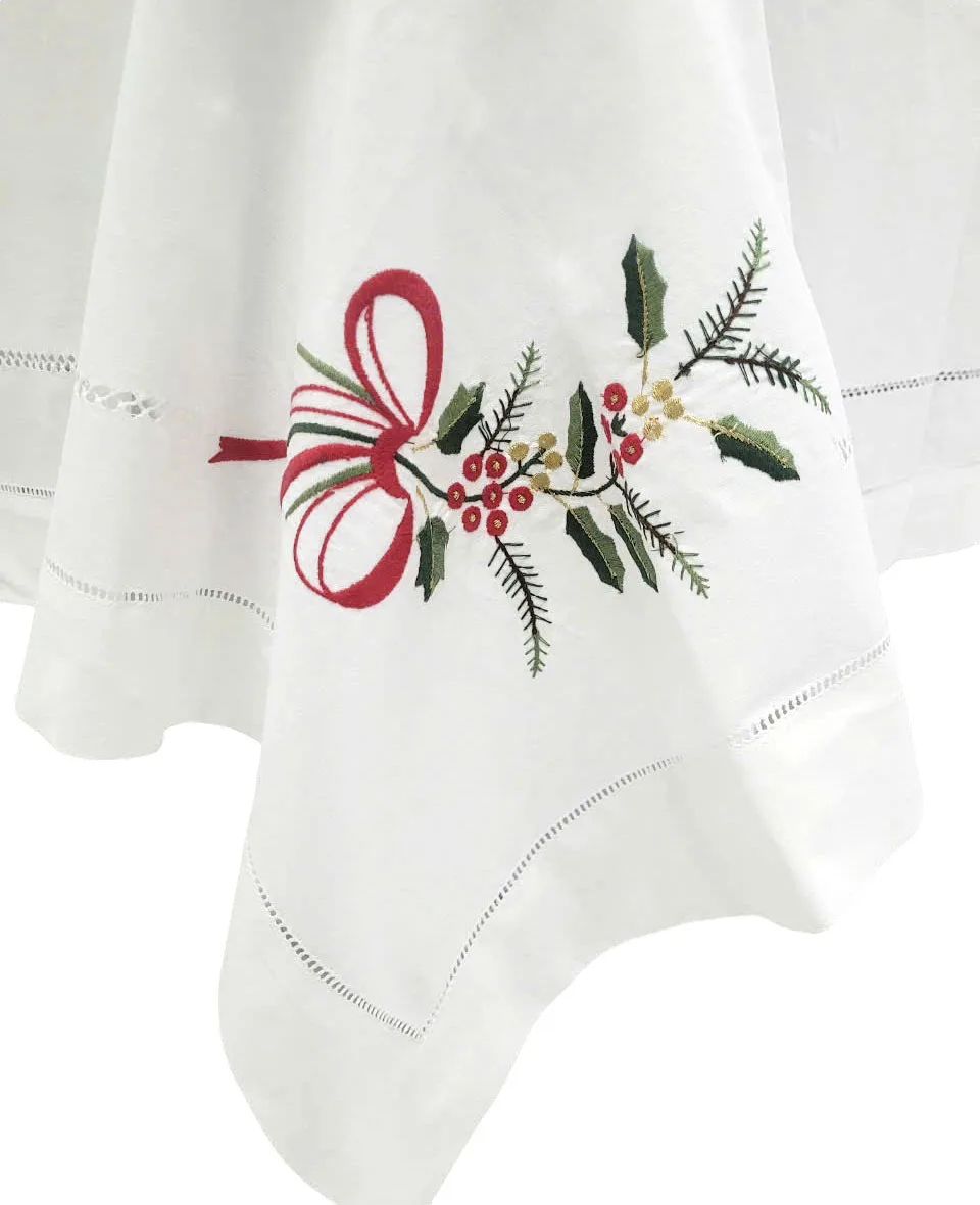 Custom Embroidered Holly and Red Bow Christmas White Cotton Tablecloth Hemstitch Tablecloth Home Hotel Restaurant Holidays Use