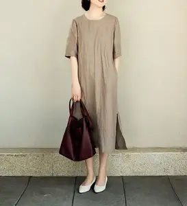 Women Linen Dresses Fall With Pocket Washed Clothing Loose Casual Linen Long Sleeve Dress Sewing Clothing Available Big Size