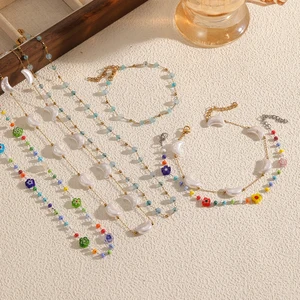 2026 New Colorful Flower  Colored Beads Moon Sectioned Bead Necklace Gold Plated Stainless Steel Fine Necklace