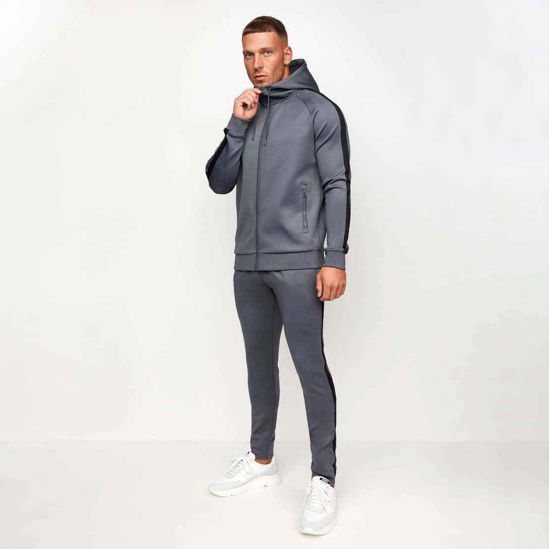 White Casual Black Striped Sport Slim Fit Zipper Jacket Jogger Plain ...