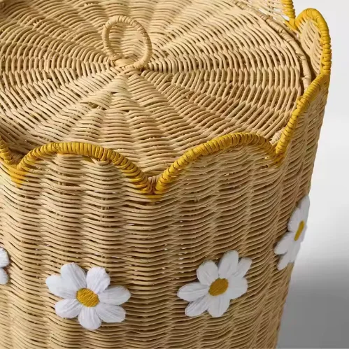 Cute Daisy Rattan Hamper with Lid for Kids' Storage Basket Featuring Charming Floral Details Made in Vietnam
