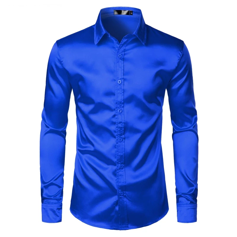 Royal Blue Silk Satin Shirt Men 2023 Luxury Brand New Slim Fit Mens ...