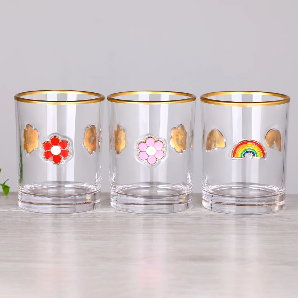 Ready to Ship Gold Rim 3D Enamel Raised Design Barware Cocktail Water Highball Drinking Glass Tumbler Cup for Gift