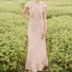 Prairie Dress Women Natural Linen Beach Resort Dress Short Sleeves Linen Maxi Dress Breathable Available Big Size At Wholesale