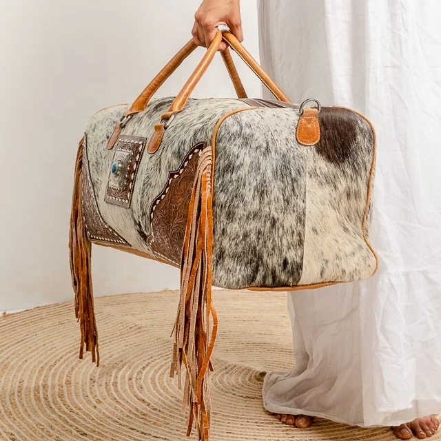 Cowhide Duffle Bag Genuine Leather Tooled Fringe Western Style Boho