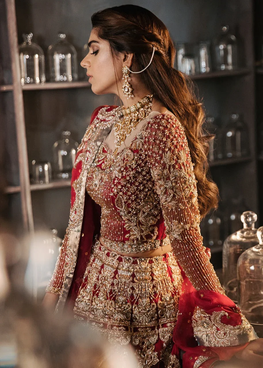 French-Inspired Red Bridal Set Fine Crafted Pakistani Choli Lehnga & Dupatta with Indian Motifs
