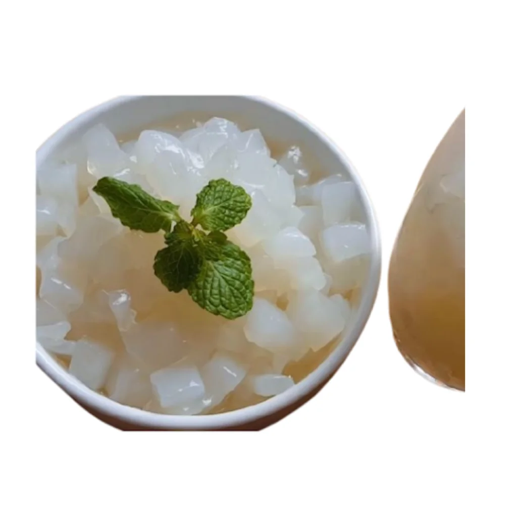 Nata de coco, also known as coconut jelly, Some companies use nata de coco as a vegan alternative to gelatin in dessert recipes