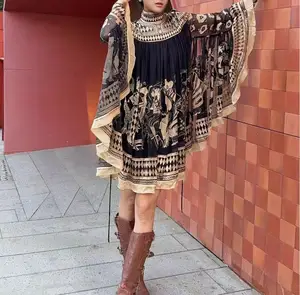 2026 Top Trend Elegant 100% Silk Dress Light Luxury High-Grade Black and Gold Print Loose Waist Bat Sleeve Casual Style