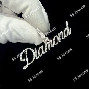 10K Solid Gold VVS Lab Diamond Brilliant Cut Unisex Name Charm Necklace Iced Cursive Letter Hip Hop Delicate Diamond Pendant