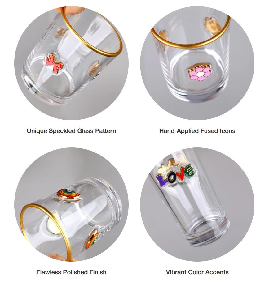 Ready to Ship Gold Rim 3D Enamel Raised Design Barware Cocktail Water Highball Drinking Glass Tumbler Cup for Gift