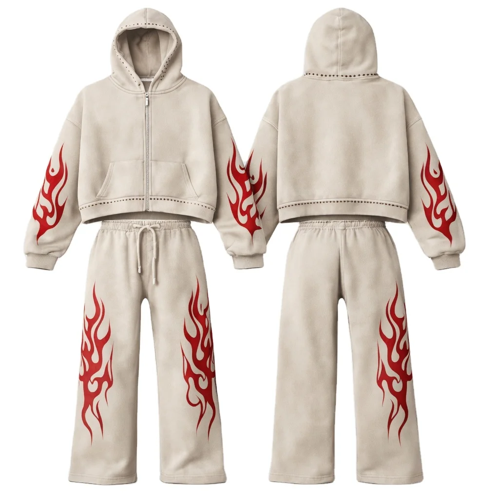 Glory Custom Cream Oversized Zip up Hoodie and Joggers Set with Red Flame Graphic Street Wear Tracksuit for Casual Winter Wear