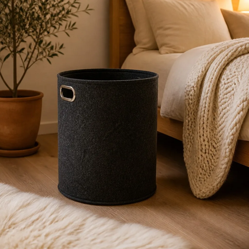 Dark felt laundry hamper in a warm bedroom setting