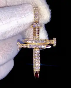 Men's 925 Silver Iced VVS Moissanite Cross Pendant Triple Nail Christian Necklace Gold Plated Claw Setting Hip Hop Style Jewelry