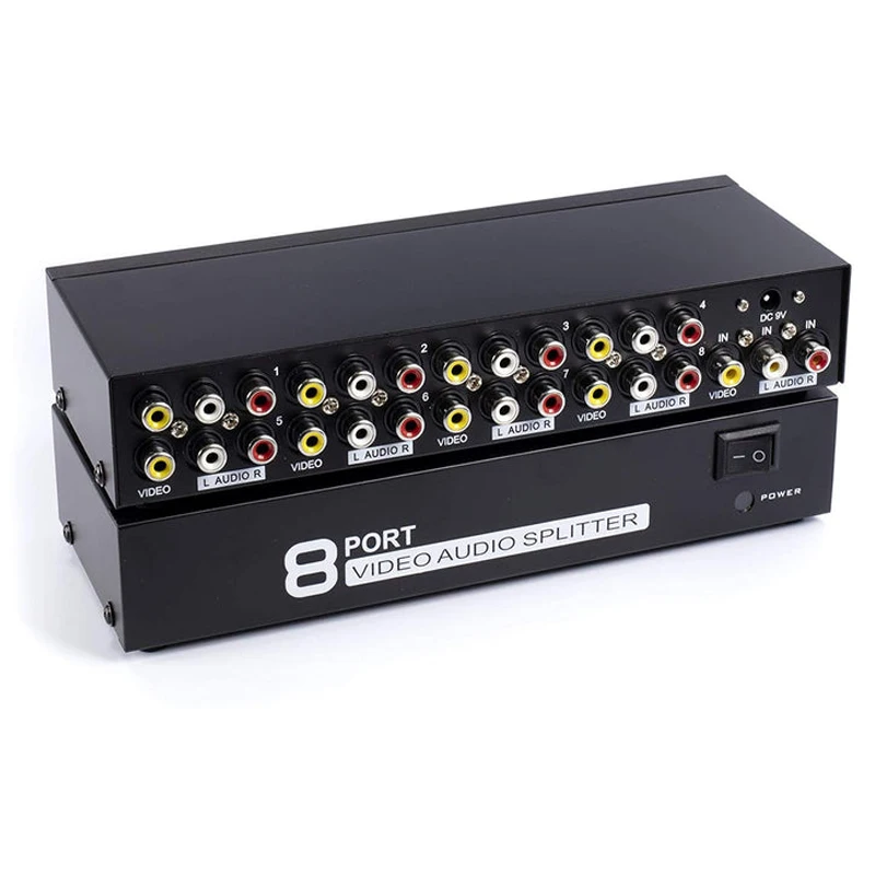 Rca Audio Video Splitter with Composite Cable - 8 Way Av Switch Box for Tv, Dvr, Dvd, Vcr, Gaming, Speakers, and More - 1 Input