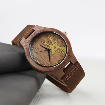 TJW Men's leather strap wooden quartz watch Wooden watch with engraved dial Small batch custom logo