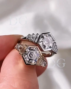 4.00 Carat Hexagon Cut Lab Grown Diamond 3 Stone Engagement Wedding Anniversary Gift Party Ring IGI Side Baguette Cut Knife Edge